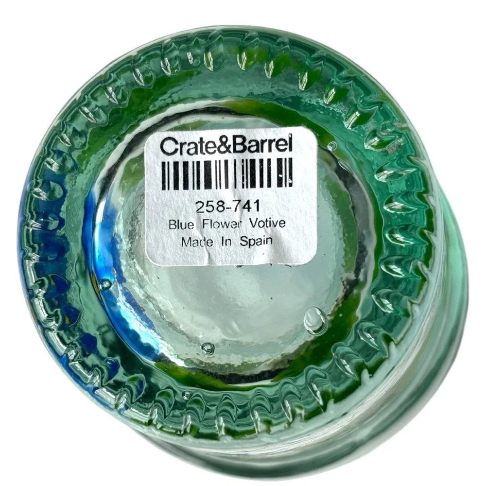 Crate & Barrel Green Glass Votive Tea Light Candle Holder Flower Hand Painted